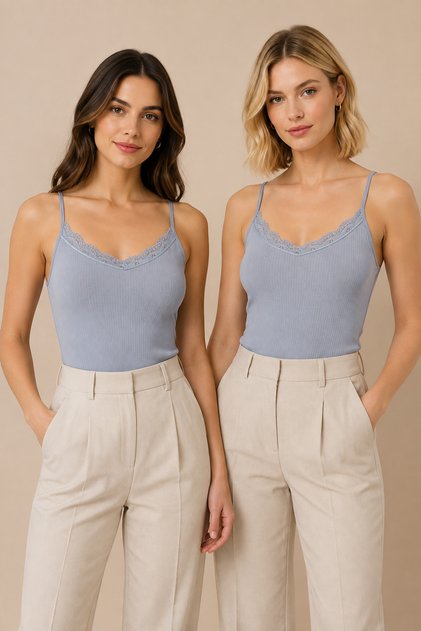Women's 2-Pack 95% Cotton Lace Detailed Thin Strap Ribbed Undershirt Blue