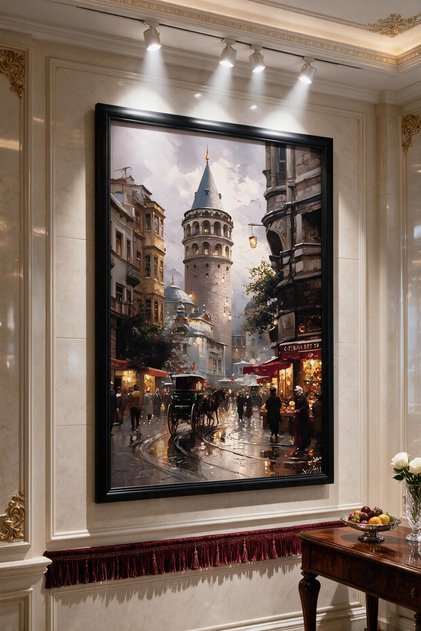 Galata Kulesi İstanbul Kadife Tablo 40 mm Çerçeveli Yağlı Boya Görünümlü Nostaljik