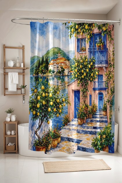 Bathroom Curtain, Lemon Garden House Patterned Shower Curtain, Bathtub Curtain 175X200Cm