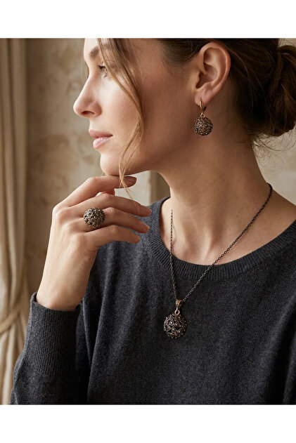 Bronze Women's Copper Women's Jewelry Set Smoked Margazite Honeycomb Vintage Necklace Earring Ring Set