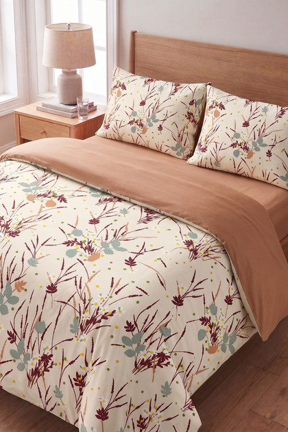 Fall Pattern Double Duvet Cover Set | 100% Cotton | 200X220 cm Duvet Cover, 2 Pieces of 50X70 cm Pillowcases and Fitted Sheet