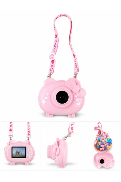 Kız Çocuk Kamera Şeklinde Pembe Omuz Çantası – İçi toka dolu Detaylı Mini Çanta