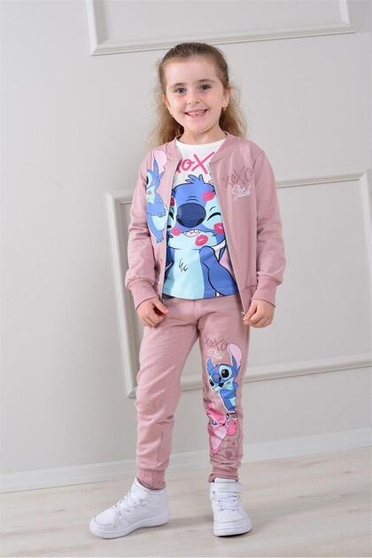 Character Printed Combed Cotton Jacket - Combed Cotton Sweatshirt - Combed Cotton Pants Girls' 3-Piece Set