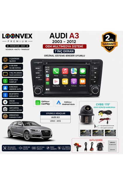 Premium Audi A3 2003-2012 OEM 7 İnç Multimedya Ekran | 8 Çekirdek | 6GB RAM | 64GB