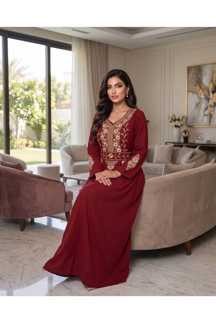 Women's Embroidered Jalabiya with Defined Waist and Long Cut