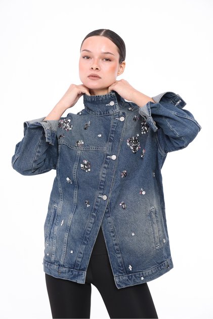 Women's Designer Denim Jacket with Stone Sequin Embroidery Detail, Blue Oversize Fit Bomber Coat