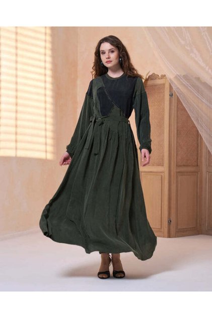 Patchwork Belted Maxi Dress with Sheer Sleeves