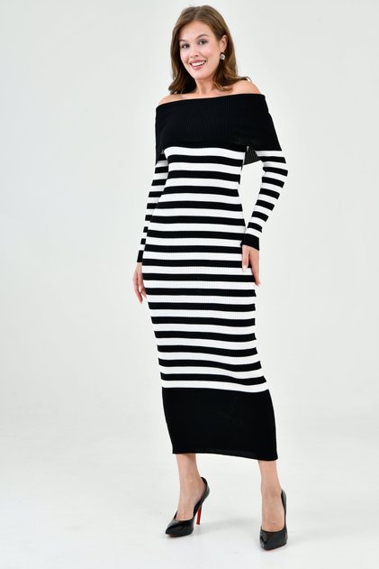 Rochie tricotată midi cu mâneci lungi, cu dungi, stil Madonna