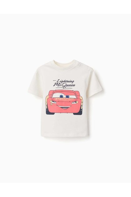 Cotton T-shirt With Lightning Mcqueen For Babies And Boys, White