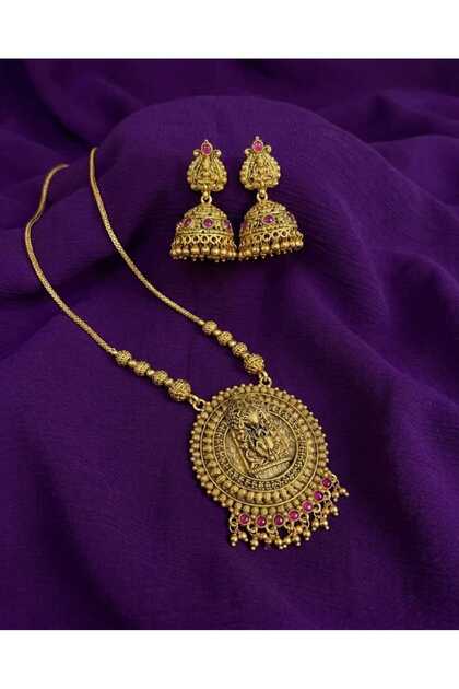Antique Temple Pendant Necklace Set with Jhumkas