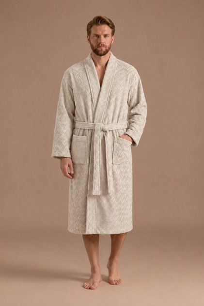 Atlas Kimono Collar Men's Bathrobe – Light Beige 100% Cotton