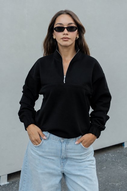 Women's Black Half-Zip High Collar Oversize Sweatshirt with Elastic Comfortable Fit