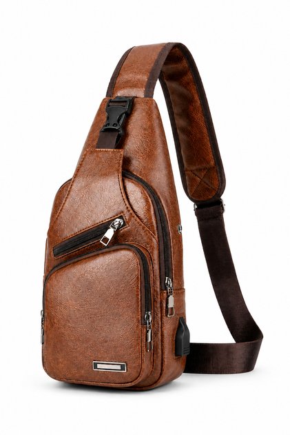 Geantă crossbody pentru bărbați NB-026, port USB, curea reglabilă, compartimente multiple, material PU, 33 x 16 x 8 cm, Maro