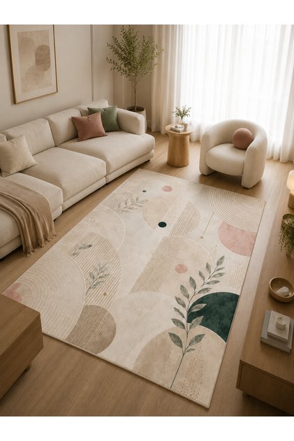 Soyut Yaprak ve Pastel Daire Desenli Dijital Baskılı Halı Oturma Odası Halısı