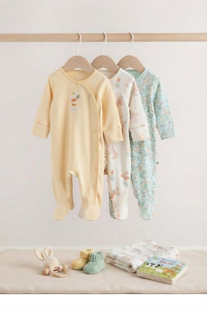 NNext Baby Pamuklu Sarı Mavi Baskılı 3'lü Tulum Set