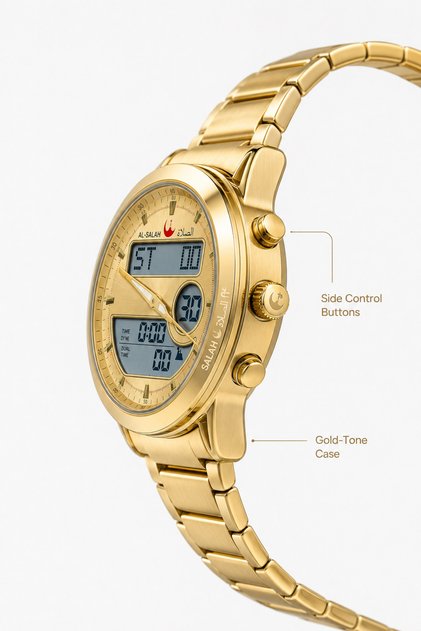 AL-SALAH Analog-Digital Gold-Tone Wrist Watch with Metal Bracelet, Dual Time Display, Round Dial & Water Resistant Design