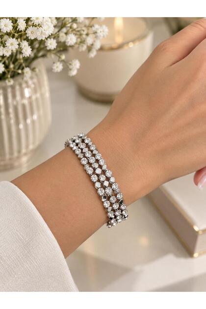 Silver Color Zircon Stone 3 Row Spiral Bracelet with Bead Detail Flexible Women's Bracelet