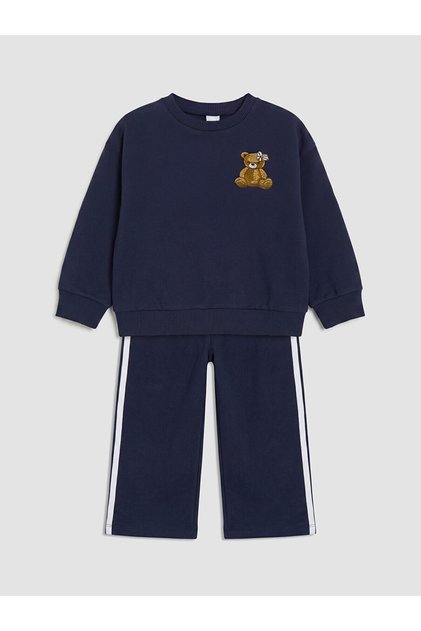 Navy Blue Embroidered Girls' Tracksuit Set