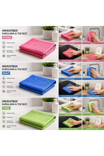 3-Piece Microfiber Cleaning Cloth Set - Drying and Dusting Cloth - Multi-Purpose Kitchen, Glass, Furniture Cloth - Pink Blue Green
