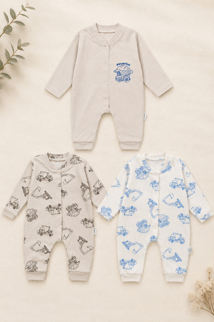 İş Makinleri Patterned 3-Piece Baby Boy Overalls