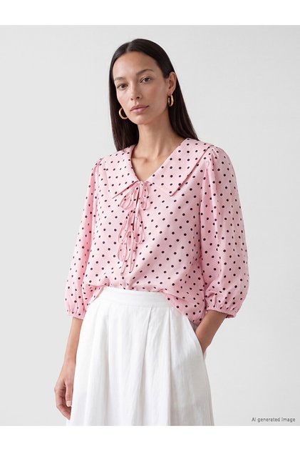 Alita City Farkıyla Lcw Everyday Pink Polka Dot Baby Collar Long Sleeve Women's Blouse