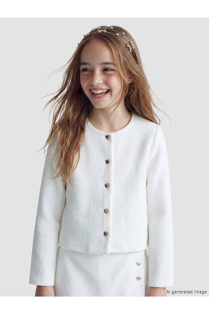 Two Mt Shop Quality Lcw Kids Ecru Tweed Plain Standard & Regular Girls' Jacket