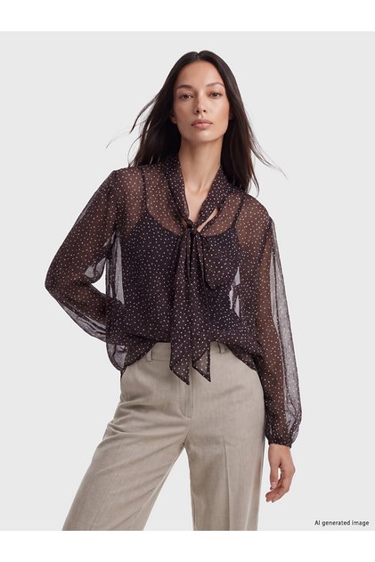 Lcwaikiki Classic Brown Scarf Collar Polka Dot Oversize Chiffon Blouse