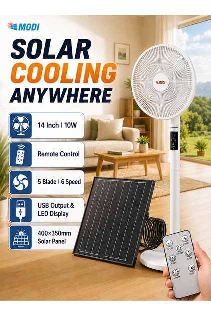 14-Inch Solar Rechargeable Pedestal Fan, 10W 6-Speed Standing Fan with Remote Control, LED Display, USB Output, 5-Blade Brushless Motor, 400×350mm Solar Panel for Indoor & Outdoor Camping