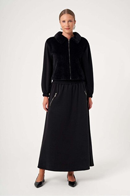 Women's Plush Detailed Skirt Suit Black 31527