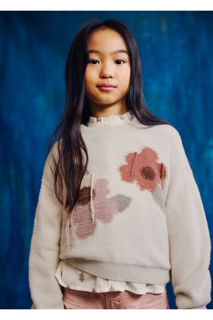 Girl's Floral Patterned Intarsia Sweater 7333