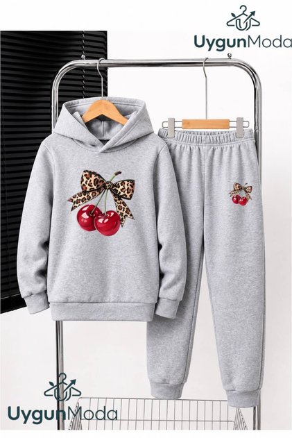 Cherry Ribbon Printed Hooded Thick Cotton Inside Tracksuit with Pockets Children's Bottom and Top Tracksuit Set
