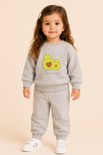 Girl's Top and Bottom Set (Without Tassels) Avocado Gray 100% Cotton