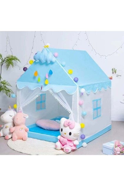 Premium Blue Princess Kids Playhouse Tent, Large Indoor Canopy Play Tent with Curtains, Fairy String Lights and Colorful Decorative Balls, Magical Cozy Hideaway for Girls and Toddlers, Pe