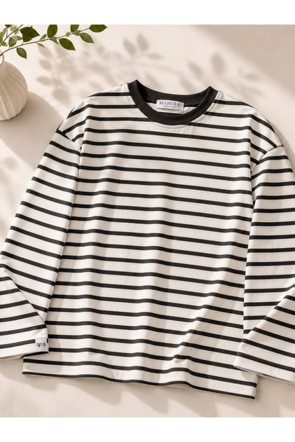 Siyah Ekru Çizgili Bisiklet Yaka Sweatshirt