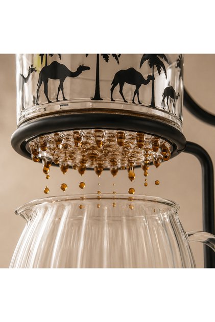 Rainy coffee funnel with camel design and transparent palm