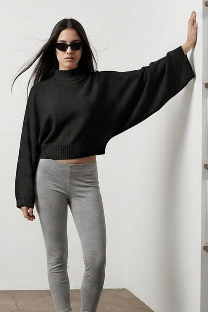 Dorg Soft Textured Wide Bat Sleeve High Neck Knitwear Women's Sweater & Blouse - Black