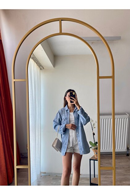 Taş işlemeli denim gömlek