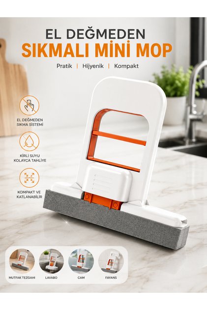 Sıkmalı Süngerli Mini Mop El Değmeden Temizlik Aparatı Mutfak Tezgah Lavabo Cam Fayans İçin Kompakt Mop