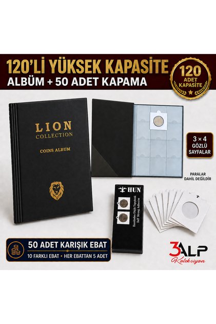 Lion Medium Size 120 Compartment Metal Coin Album and 50 Pieces Assorted Size Closure Set