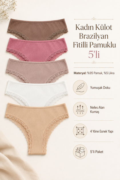 Women's Panties Brazilian 5 Pack Lycra Ribbed Camisole Cotton