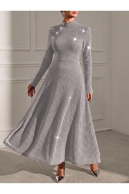 Women's Button Detailed Long Flowers Dress