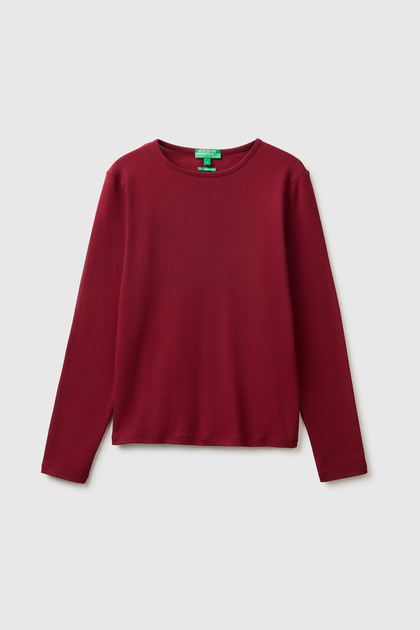 Kadın Mürdüm %100 Pamuk Slim Fit Ribanalı Uzun Kollu T-Shirt