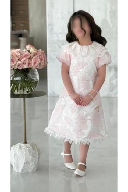 Dove embroidery light pink dress with luxurious lace collar .. Girls' dress