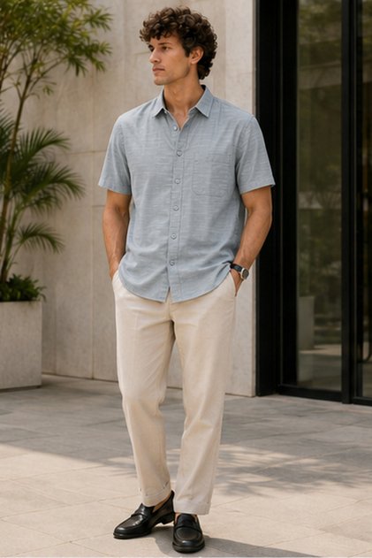 Men's Regular Fit Solid Short-Sleeve Shirt - L Grey