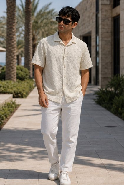 Men's Regular Fit Textured Short-Sleeve Shirt - Off White