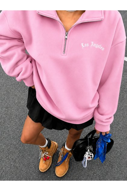 Unisex Erkek/Kadın LosAngeles Özel Baskılı Renkli Dik Yaka Yarım Fermuarlı Pamuklu Oversize Sweatshirt