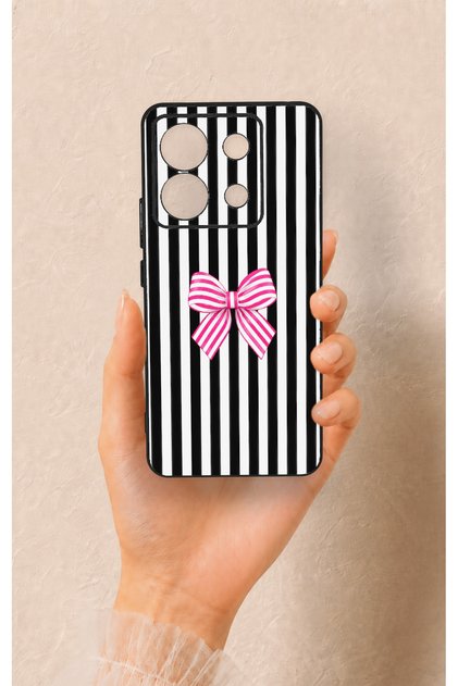 Redmi Note 13 Pro 5g Compatible Pink and White Ribbon Pattern Silicone Case