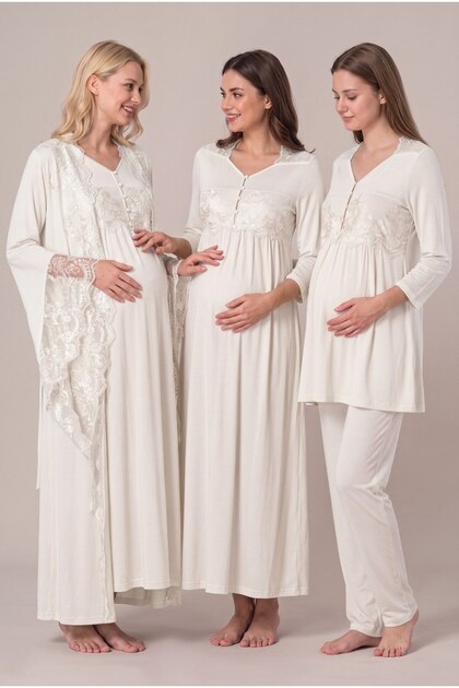 Women's Ecru Lace Ruffled Sleeves Long Sleeve Maternity Nightgown Pajama Set with Nursing Convenience