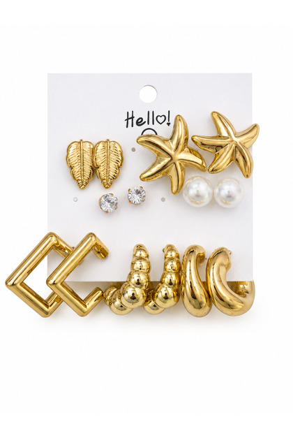 Set of 6 Gold Starfish Pearl Women's Earrings