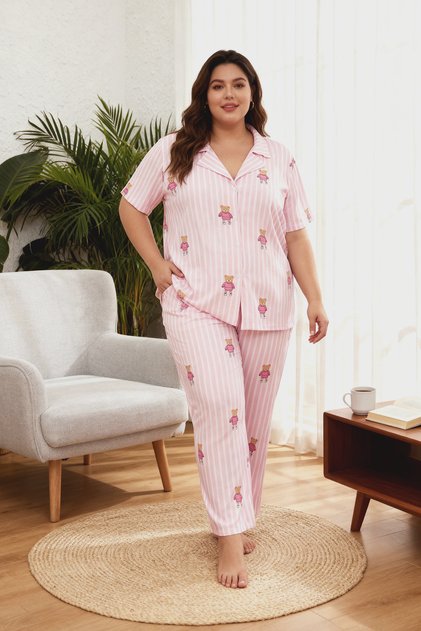 Curve pink striped teddy bear patterned shirt collar knitted pajama set